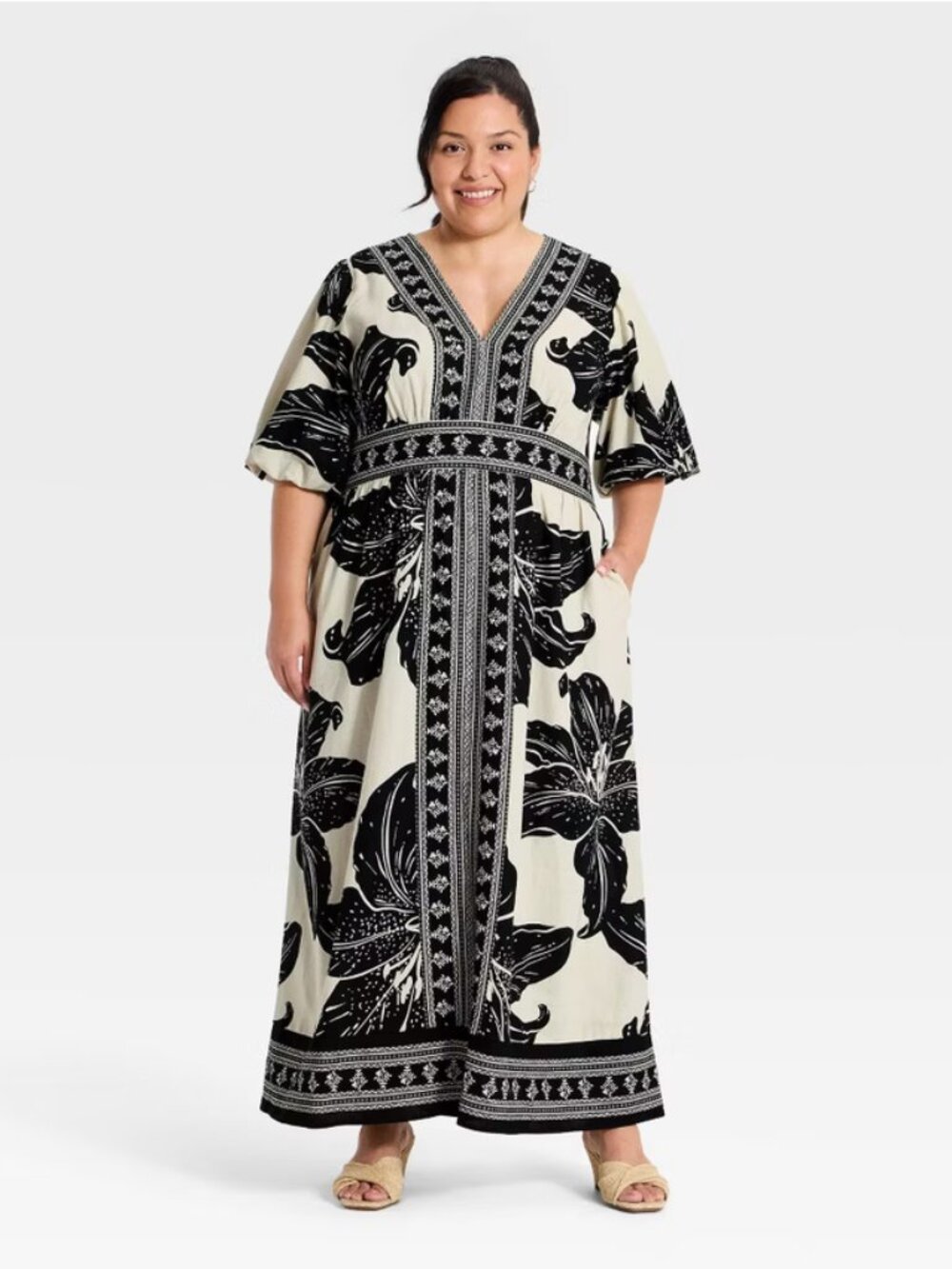 Women's Plus Puff Short Sleeve Maxi Summer Dress - Ava & Viv Black Floral 1X: Co